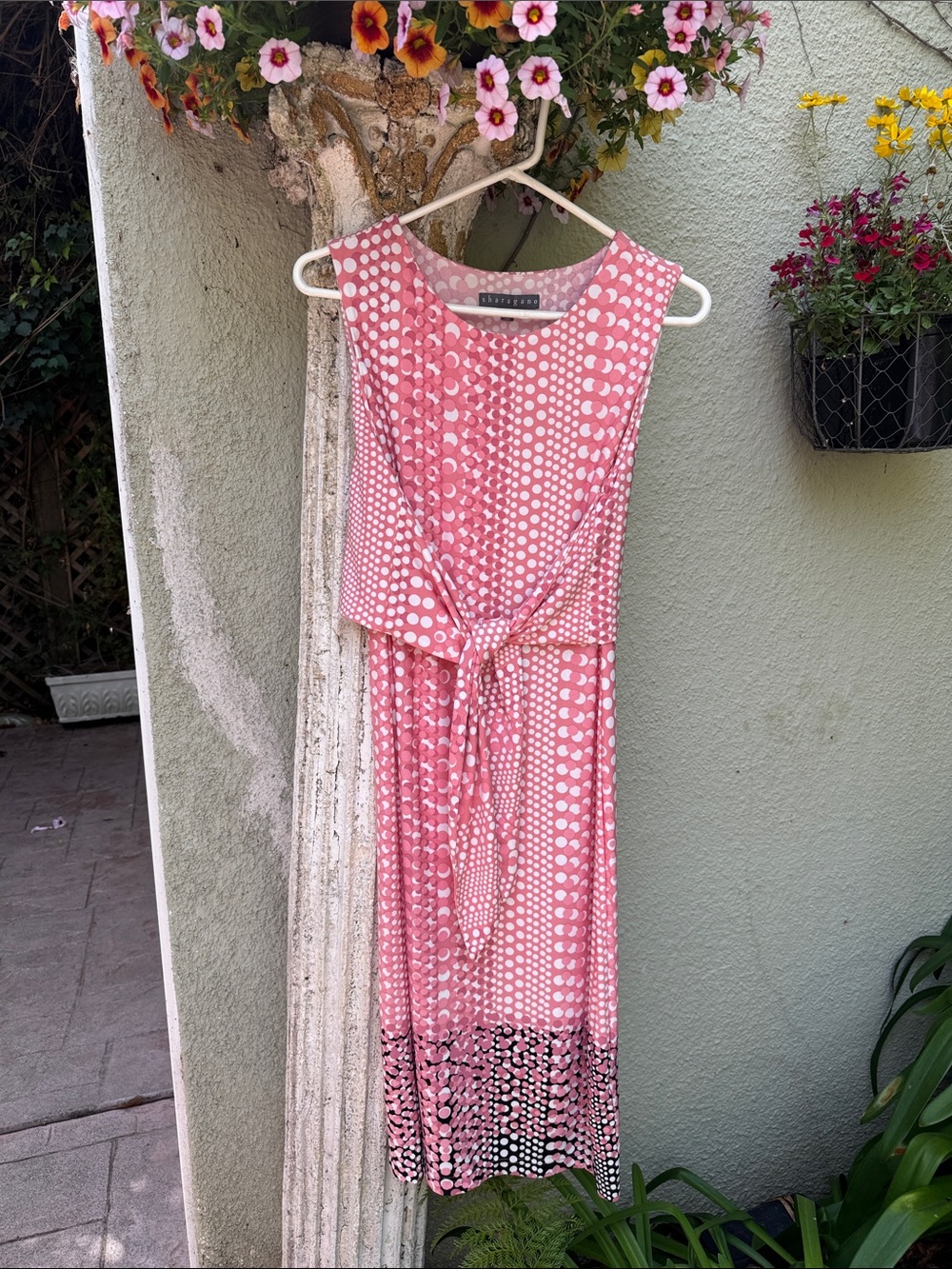 Sleeveless Pink Polka Dot Midi Dress with Tie Waist
